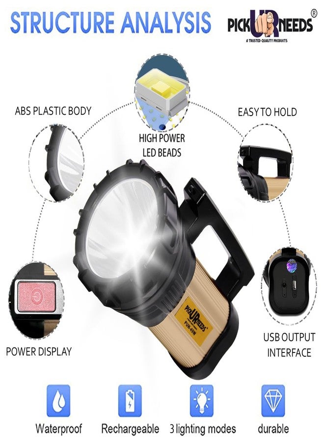 اختر احتياجاتك مصباح بحث طوارئ قابل لإعادة الشحن من Pick Ur Needs، مزود بإضاءة LED معدنية عالية الجودة، بقوة 100 واط، ومدى بعيد، وطاقة عالية (مقبض كامل). - Image 4